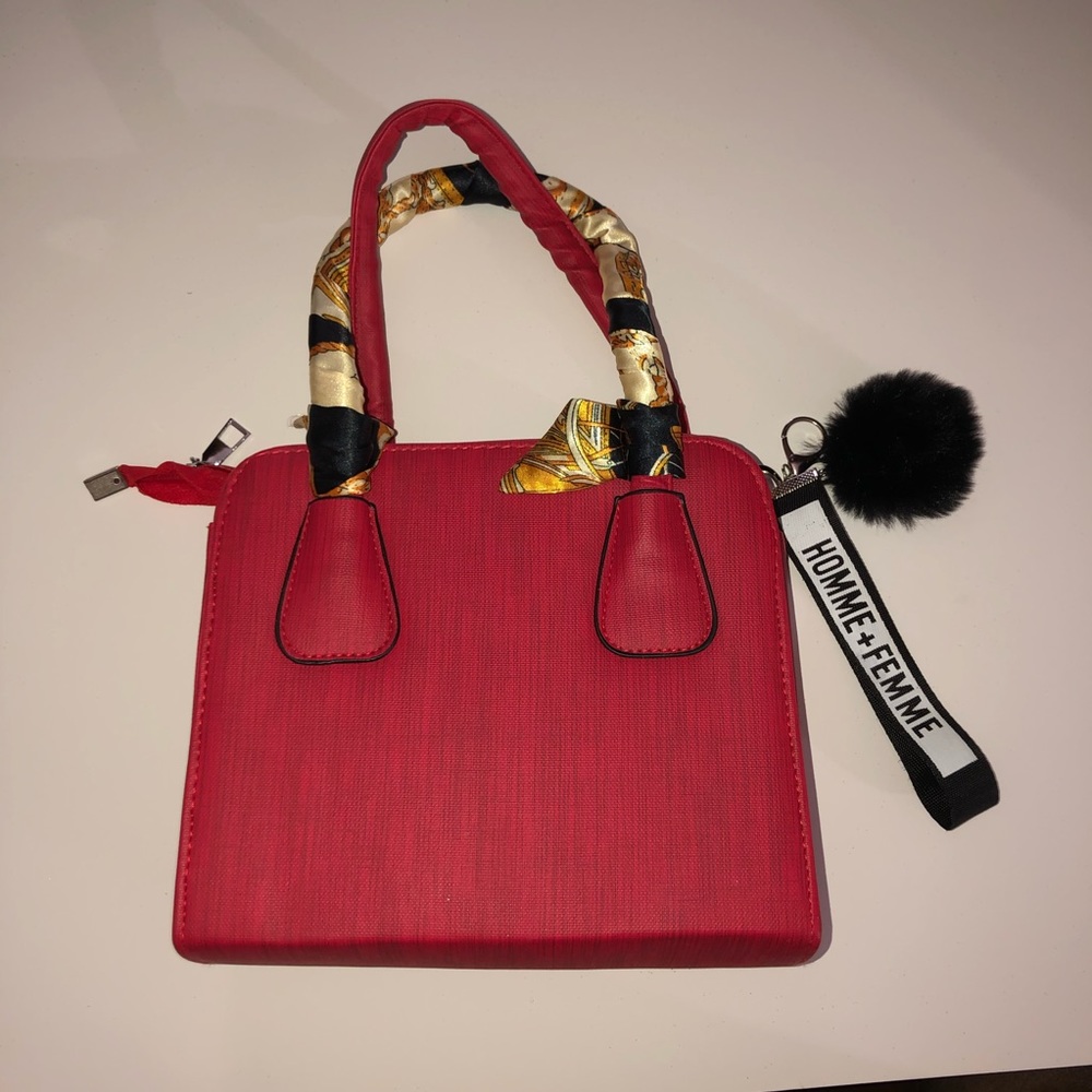 Red Crossbody Shoulder Purse w/ Scarf and Keychain